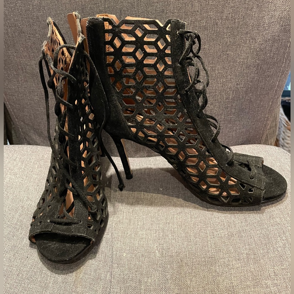 BCBGeneration Leather Suede Cut Out Heel Booties